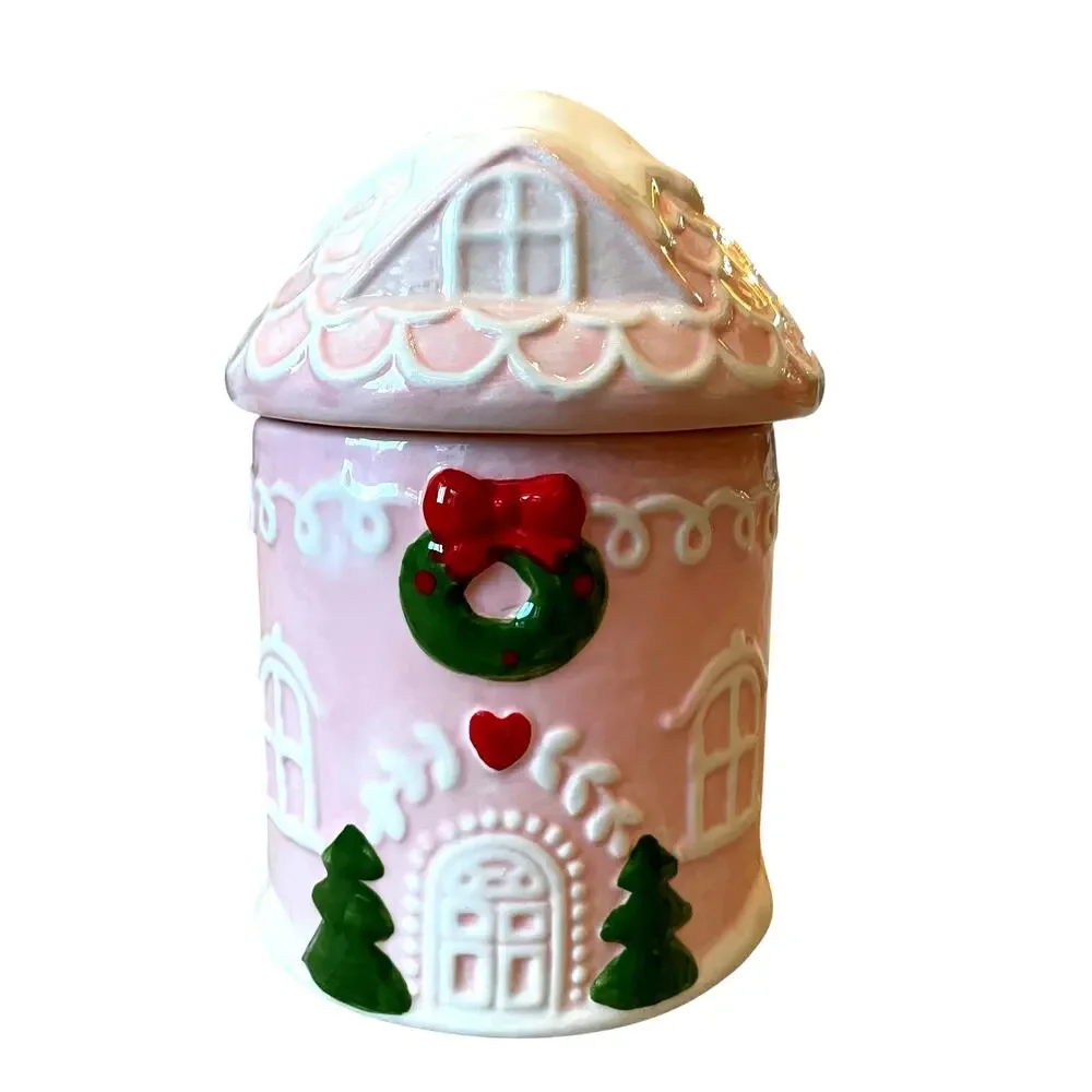 Pinkmas Gingerbread House Ceramic Canister Cookie Jar 7.5in Holiday NEW